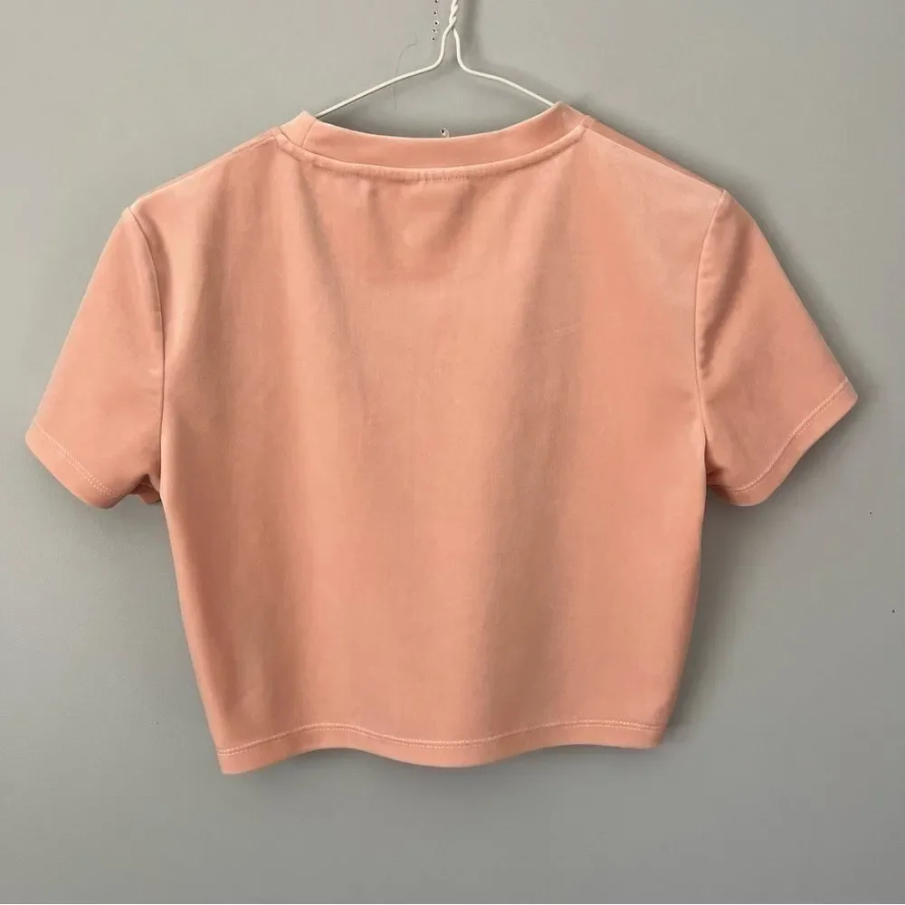 Guess Rhinestone Front Logo Powder Pink Velour Cropped Short Sleeve Shirt Size S